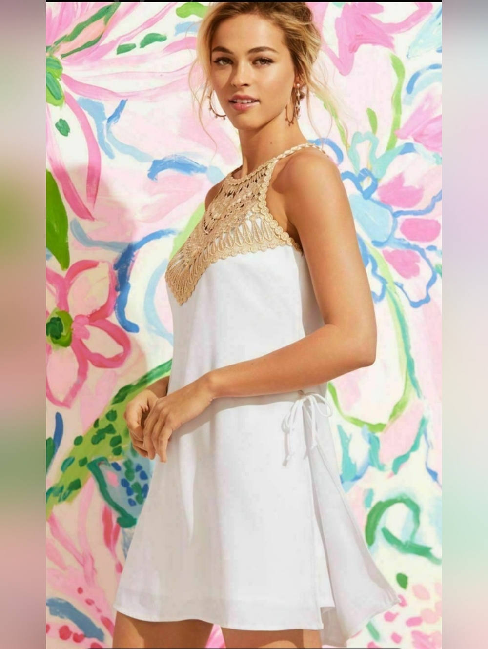 Lilly Pulitzer Pearl Romper Women's 4 Resort White w/ Gold Crochet Yoke Halter - Picture 2 of 14